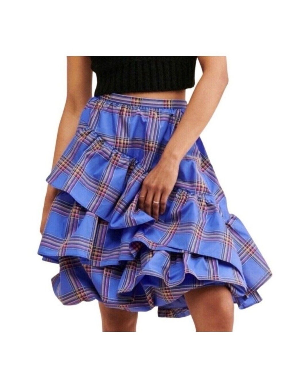 Anthropologie Maeve Blue Plaid Ruffle Tiered Mini Skirt Size 10